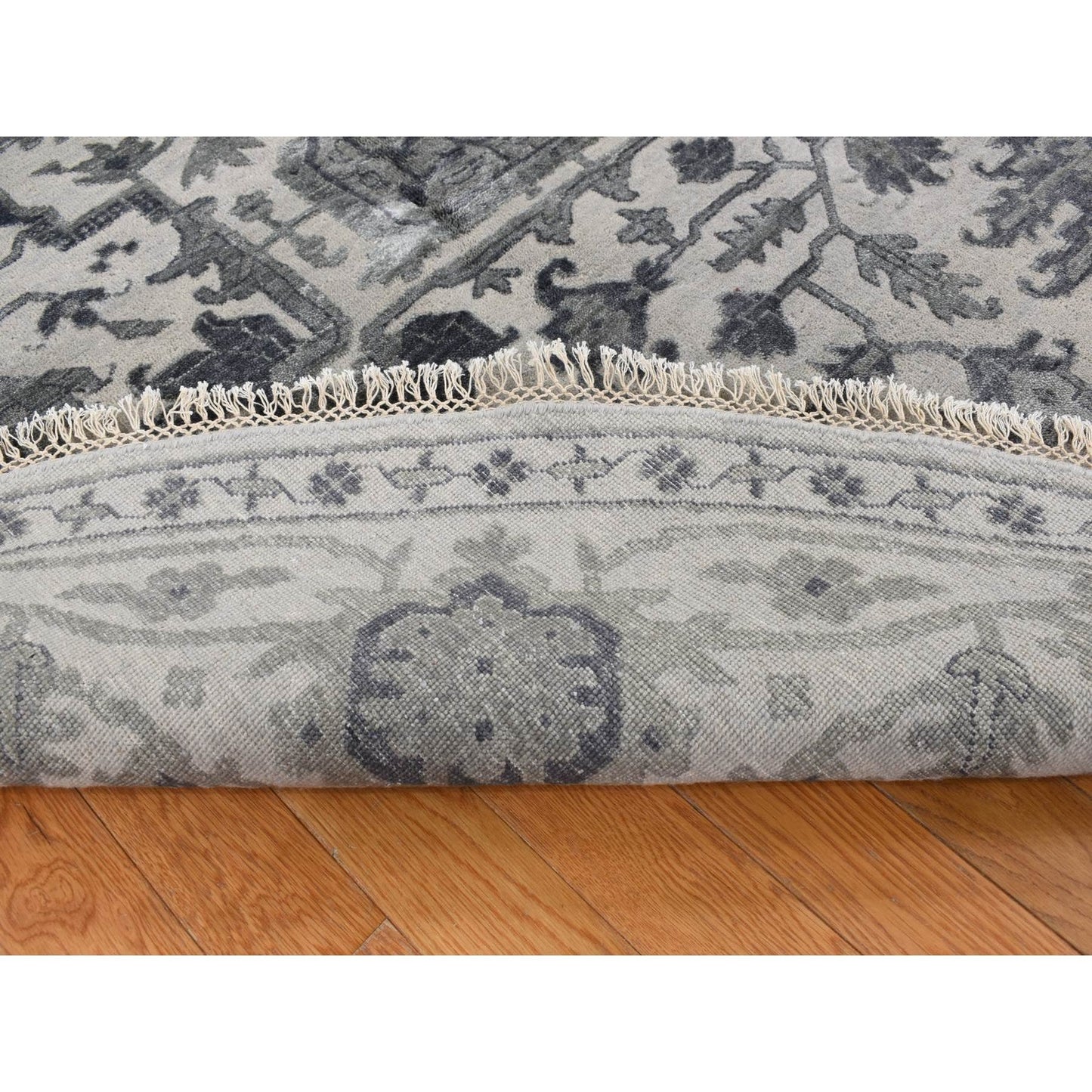 10'X10' Gray Heris Design Wool And Silk Hand Knotted Round Rug