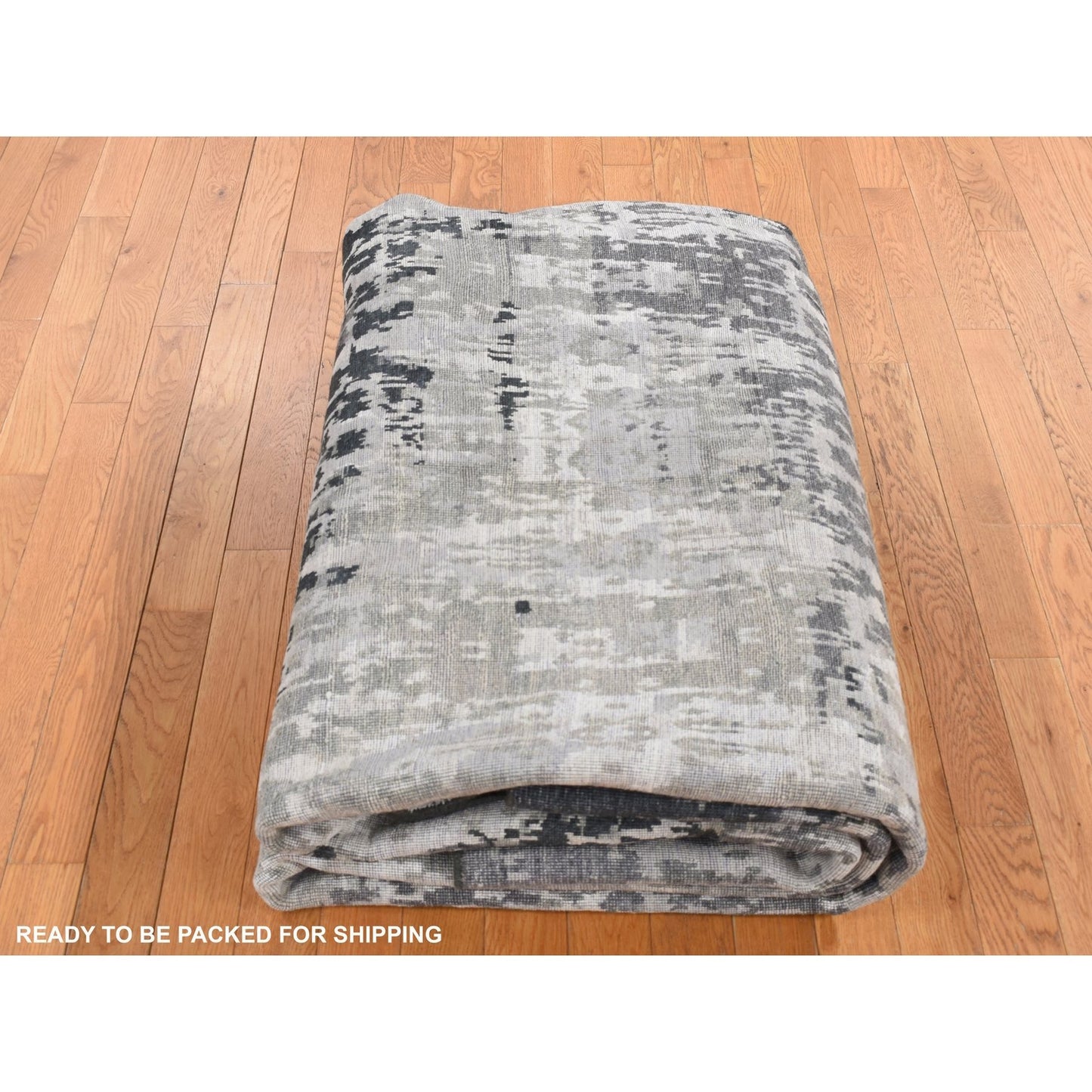 8'10"X11'8" Cloud Gray Erased Design Wool With Real Silk Hand Knotted Rug