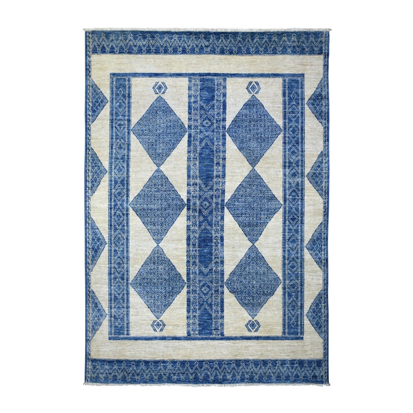 5'10"X8'9" Denim Blue Fine Peshawar Hand Knotted Soft And Shiny Wool Rug