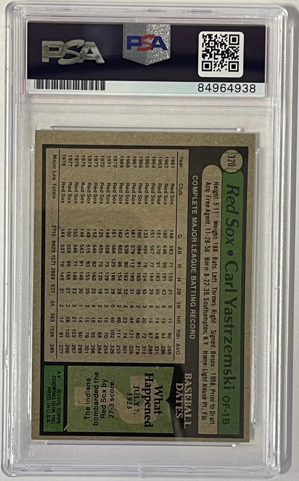 Carl Yastrzemski Signed 1979 Topps Card #320 Psa Slab Authentic Auto