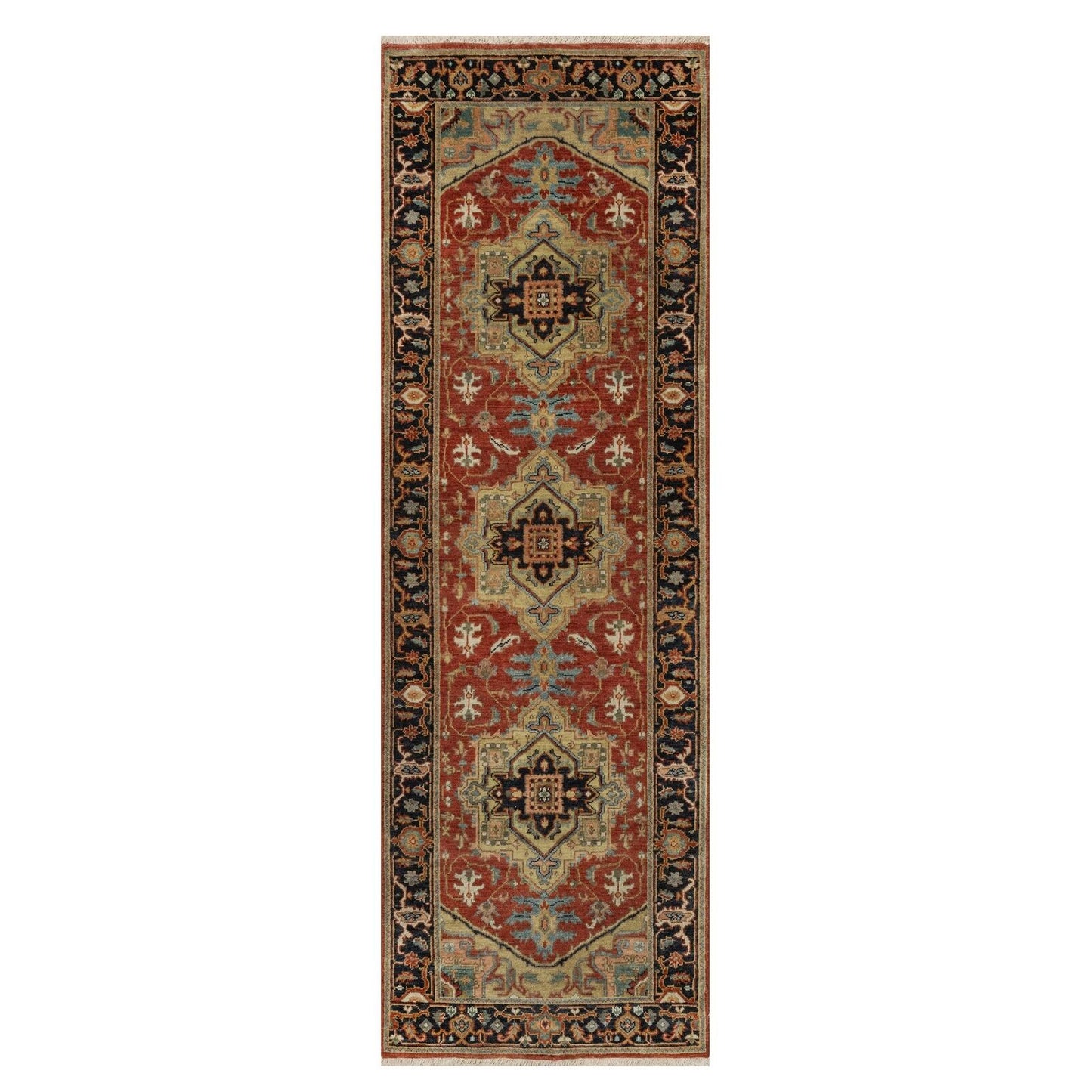 2'6"X7'9" Ruby Red Hand Spun Wool Heris Revival Hand Knotted Runner Rug