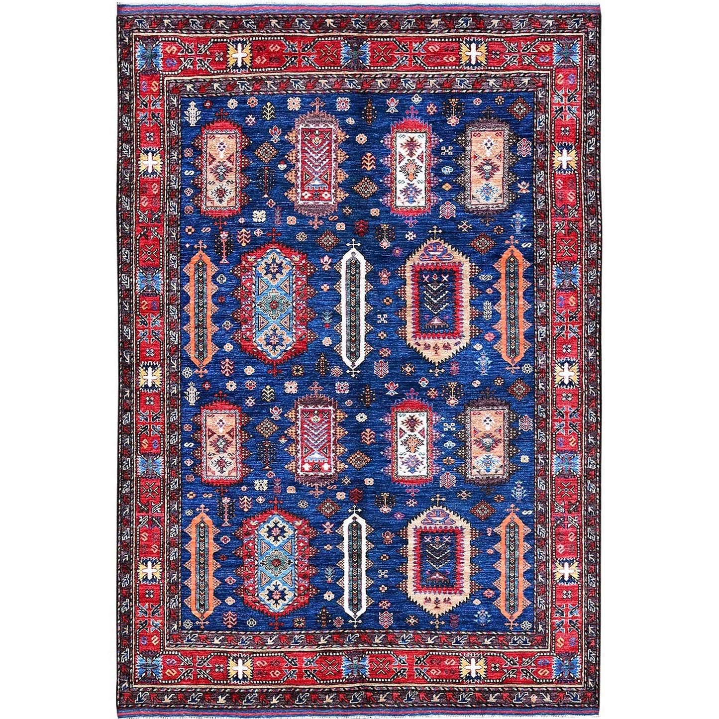 6'1"X8'5" Blue Afghan Caucasian Design Revival Hand Knotted Soft Wool Rug