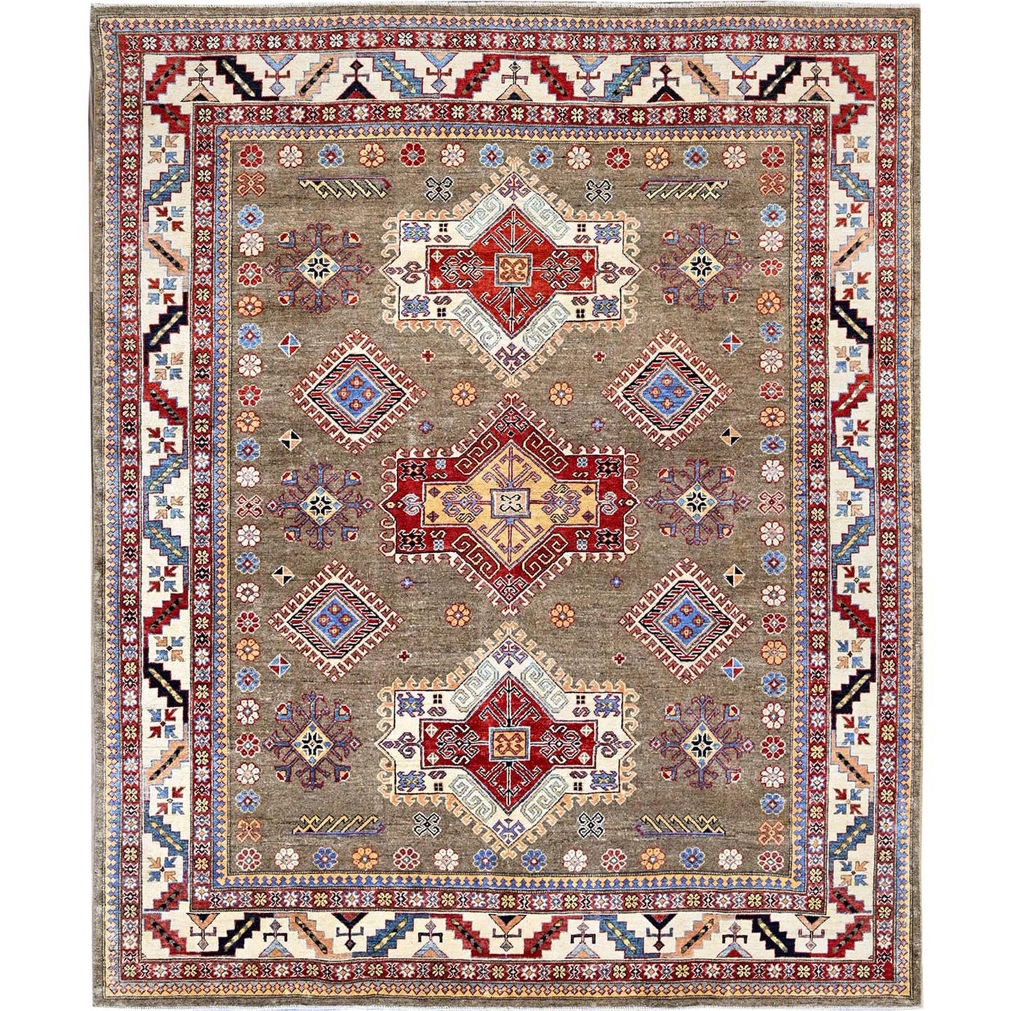 8'2"X10' Brown Afghan Special Kazak Geometric Design Hand Knotted Wool Rug