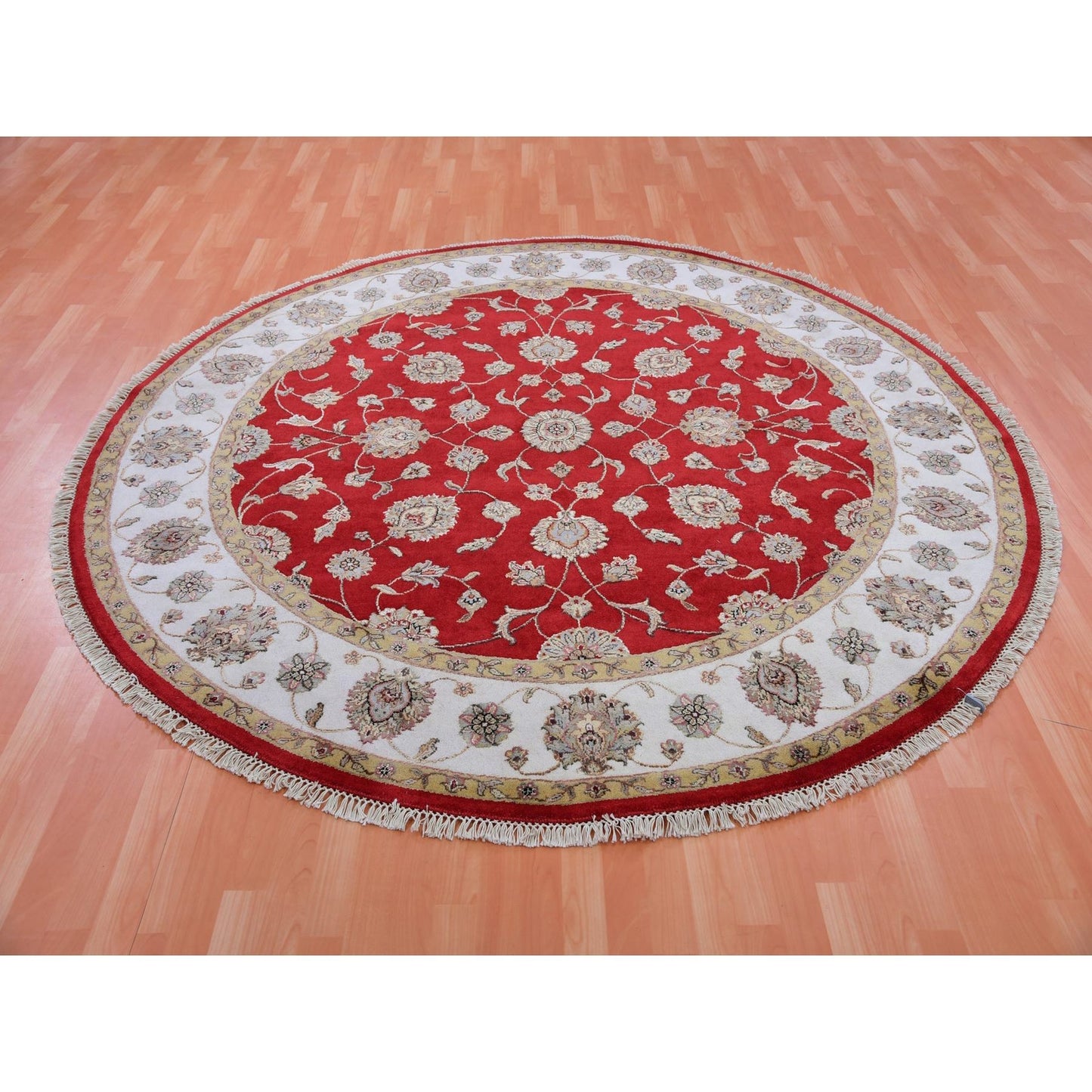 8'X8' Red Dahlia Wool And Silk Hand Knotted Rajasthan Design Round Rug