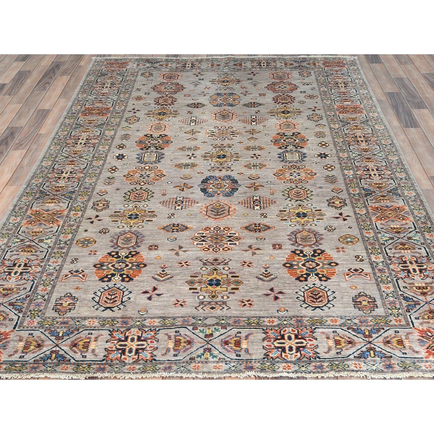6'1"X9'1" Light Gray Hand Knotted Afghan Super Kazak Organic Wool Rug