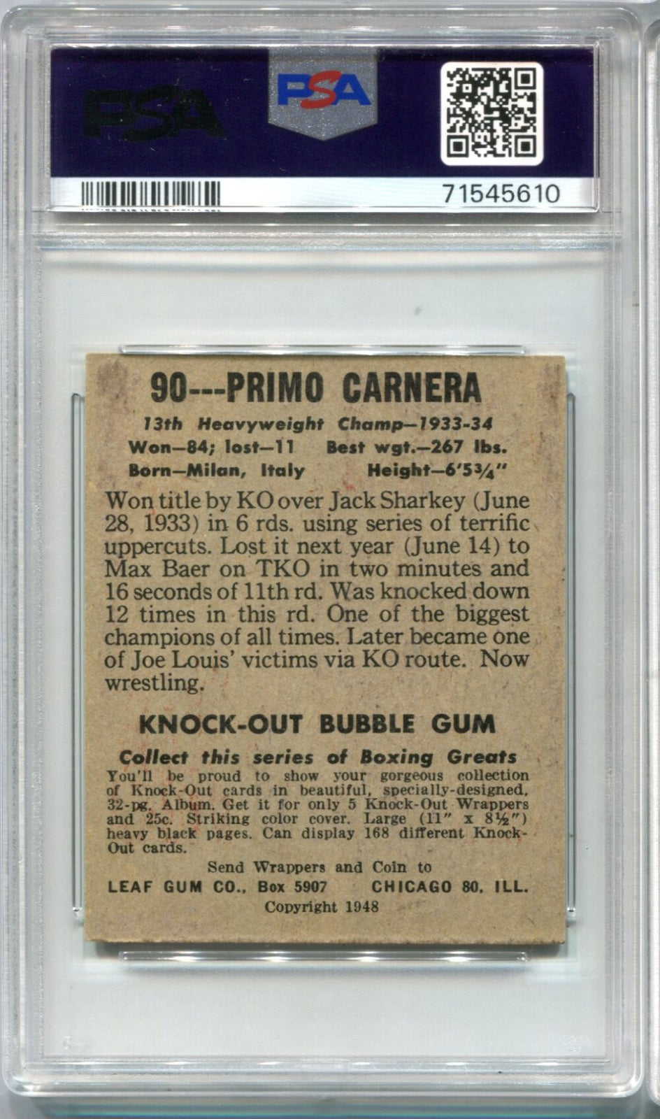 1948 Leaf Primo Carnera #90 Psa Vg 4 Card