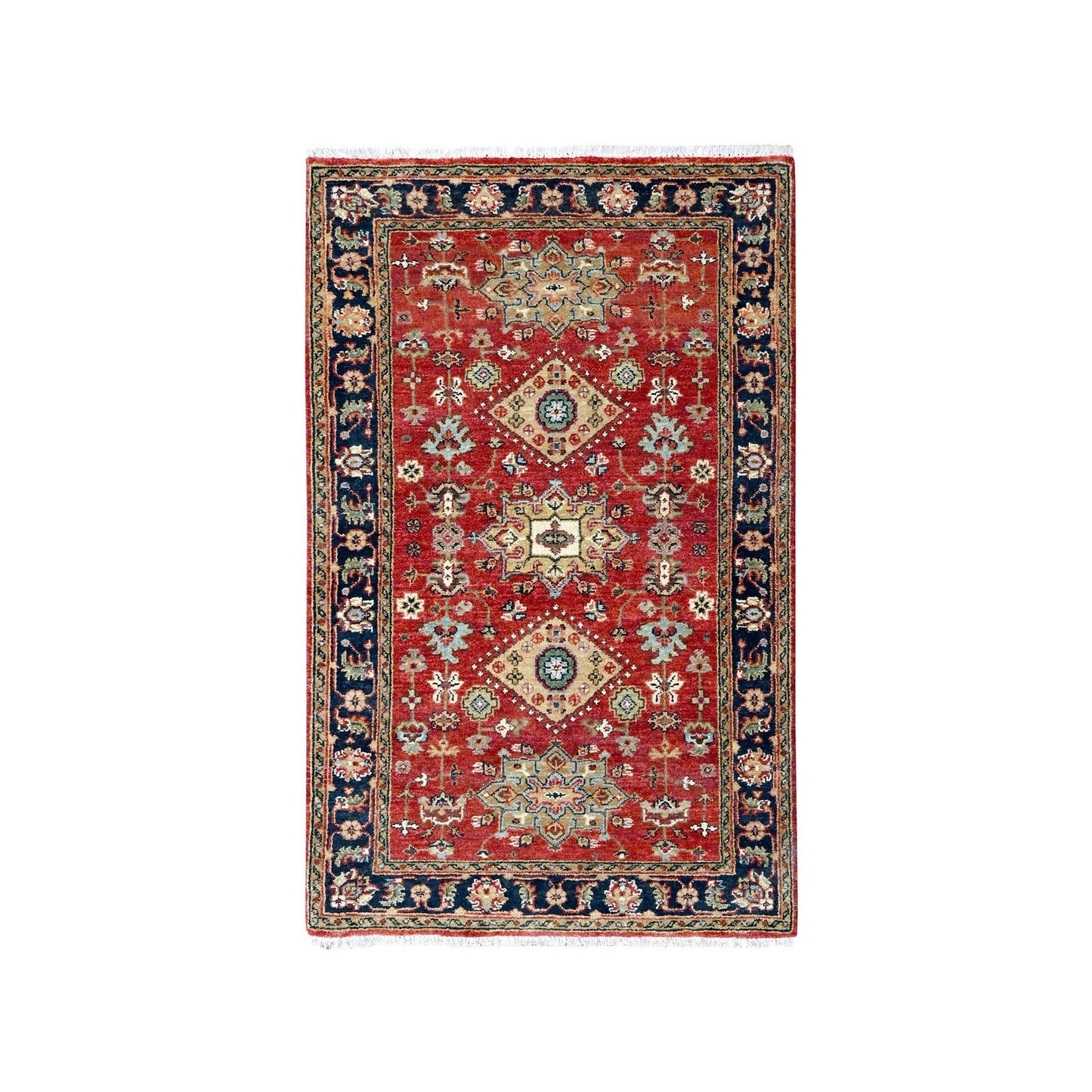 3'X5' Red Karjihooz Design Geometric Medallions Hand Knotted Wool Rug