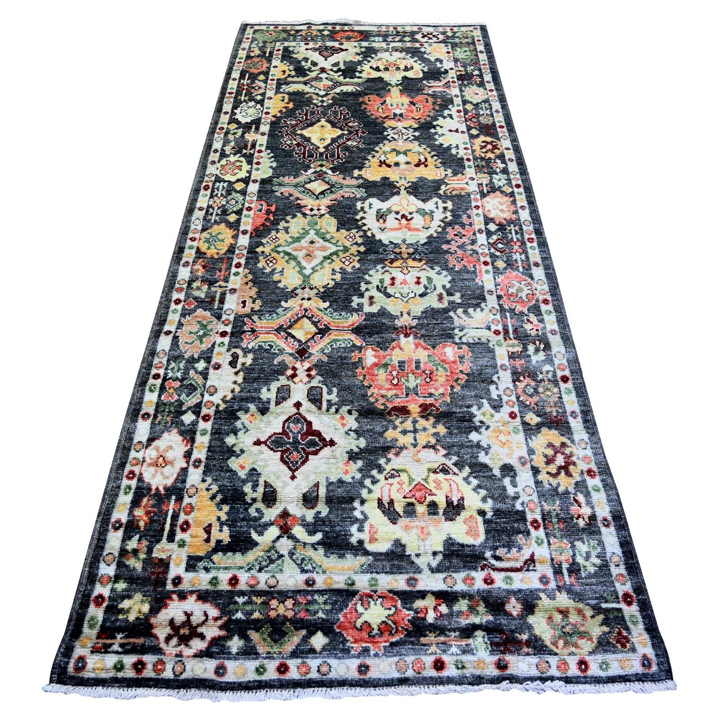 4'4"X9'6" Black Angora Oushak Leaf Design Wool Hand Knotted Runner Rug