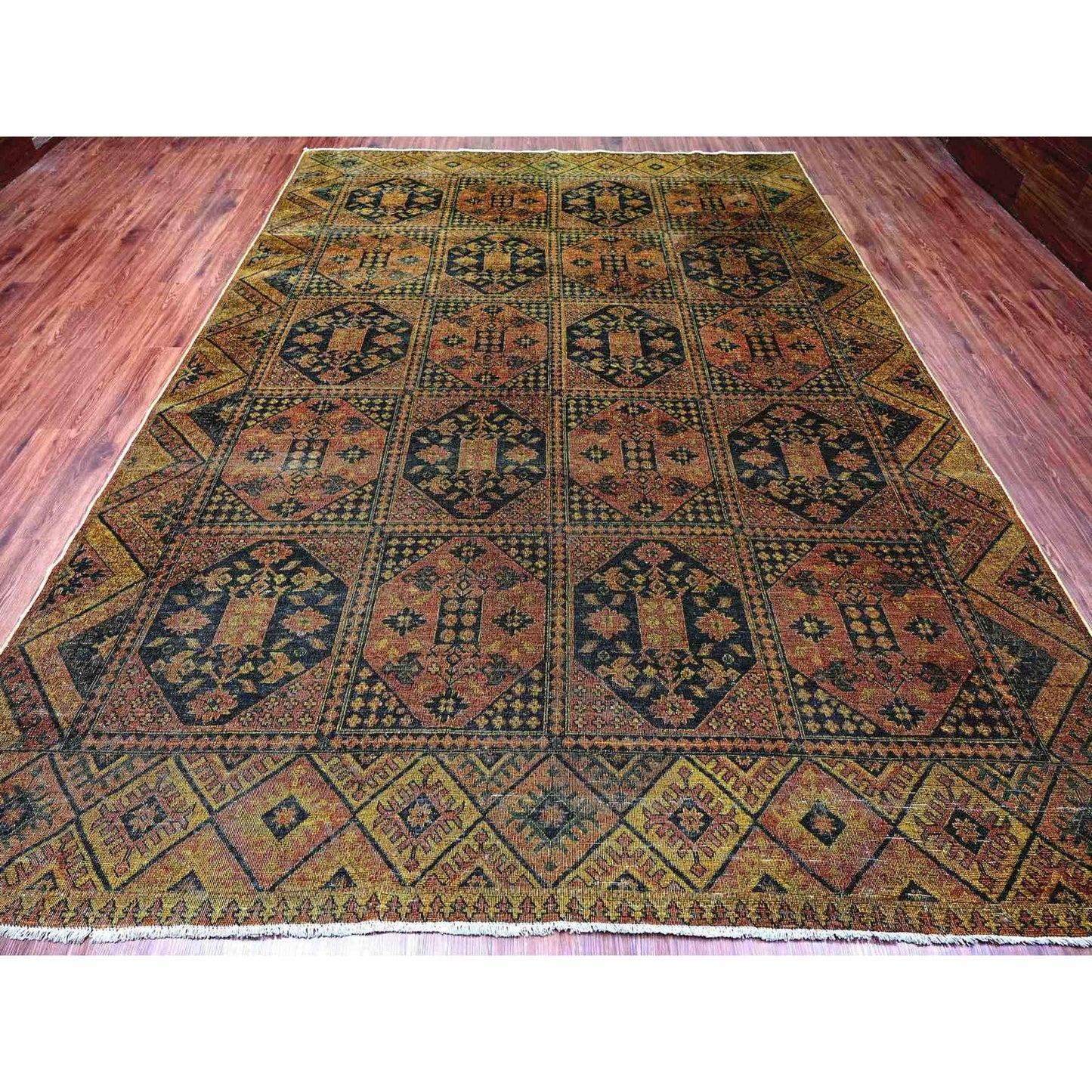 8'10"X12'2" Brown Overdyed Afghan Block Design Hand Knotted Pure Wool Rug