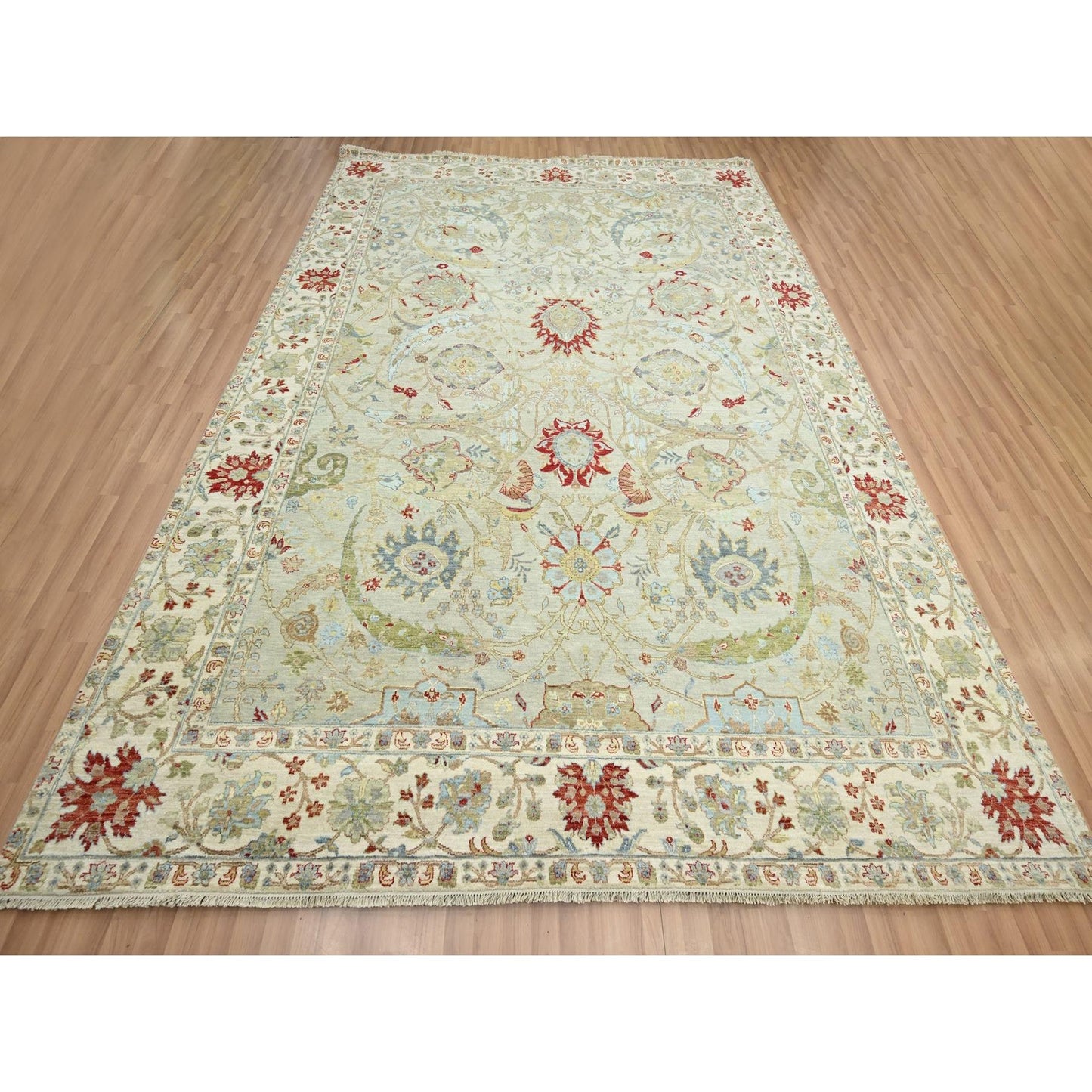 9'1"X12'3" Pelican Gray Sickle Leaf Design Hand Knotted Pure Wool Rug