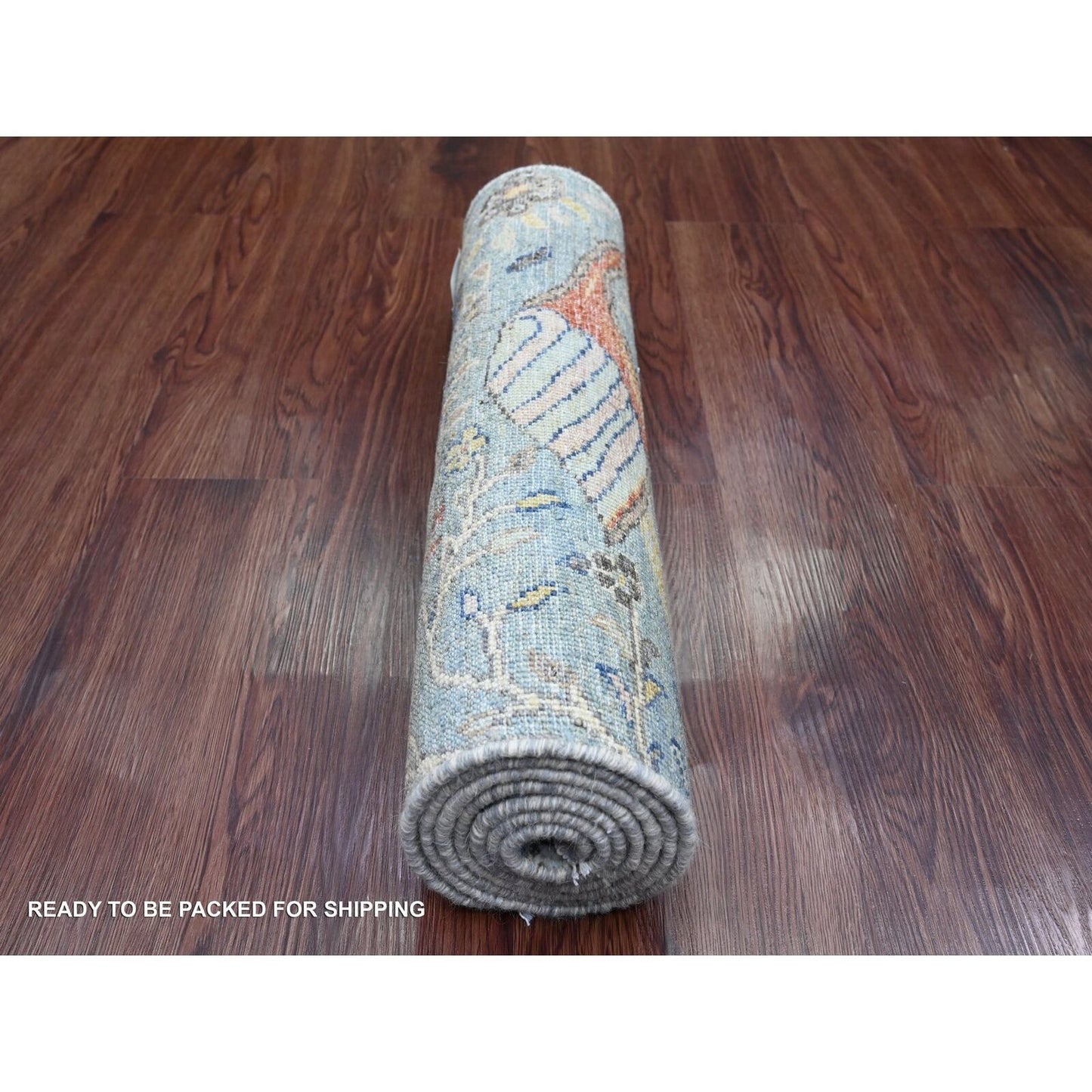 2'X6'1" Blue Afghan Peshawar Birds Design Hand Knotted Wool Runner Rug