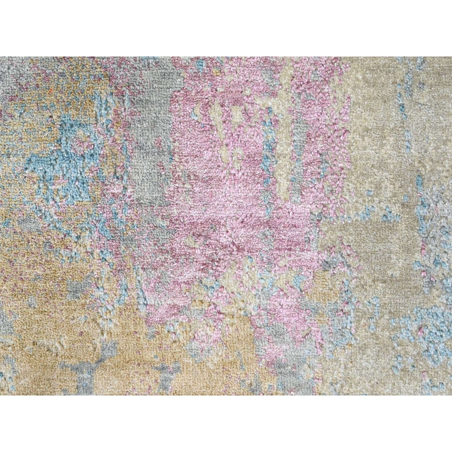 9'X12' Pastel Yellow Abstract Design Wool And Silk Shiny Hand Knotted Rug