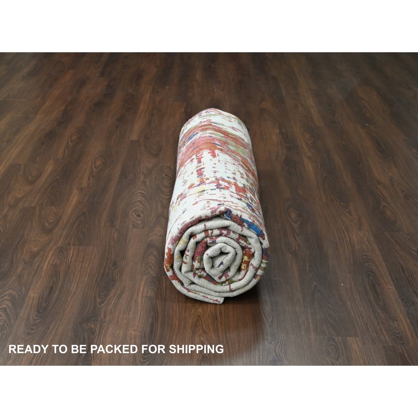 9'3"X12'2" Accessible Beige Pure Wool Abstract Design Hand Knotted Rug