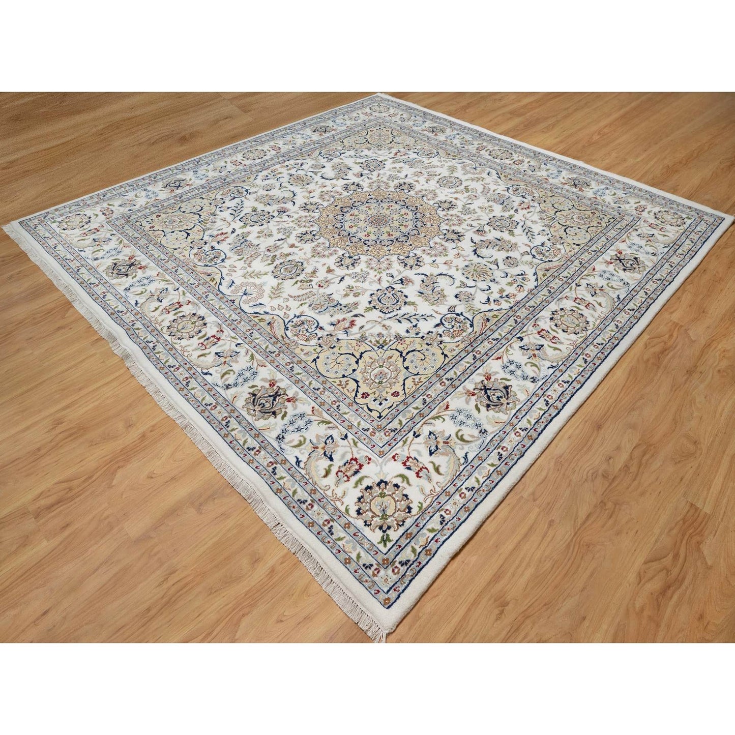 10'2"X10'2" Snow White 250 Kpsi Hand Knotted Nain Wool & Silk Square Rug