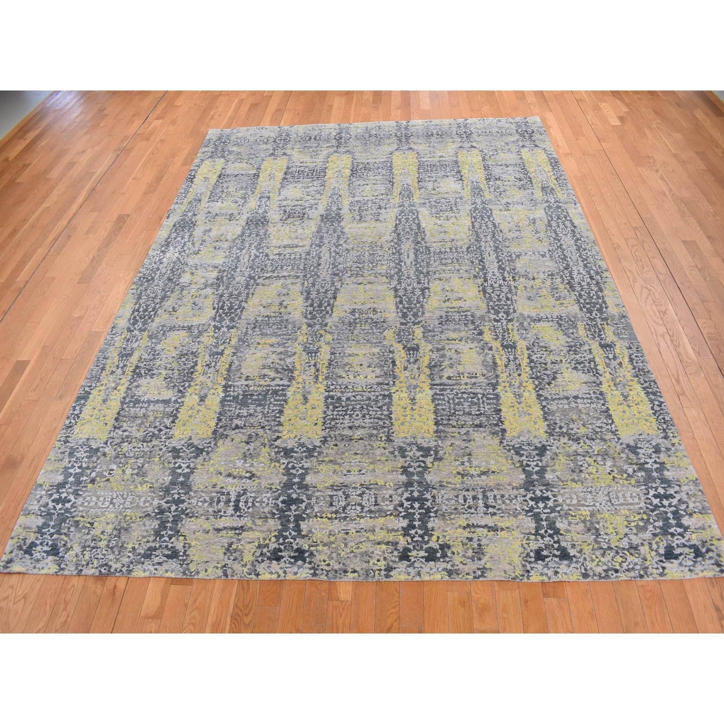 8'10"X11'9" Yellow Wool And Silk Transitional Design Hand Knotted Rug