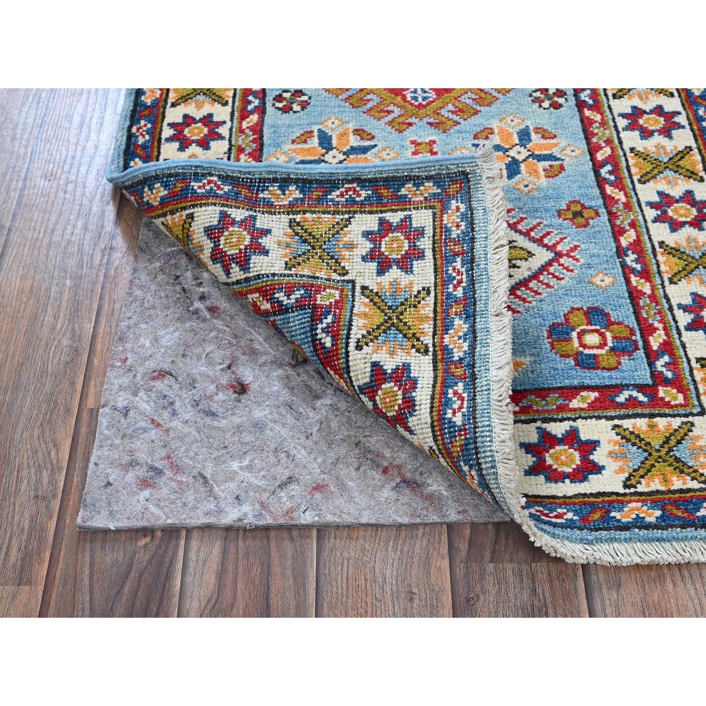 2'1"X5'9" Blue Kazak Geometric Design Hand Knotted Soft Wool Runner Rug