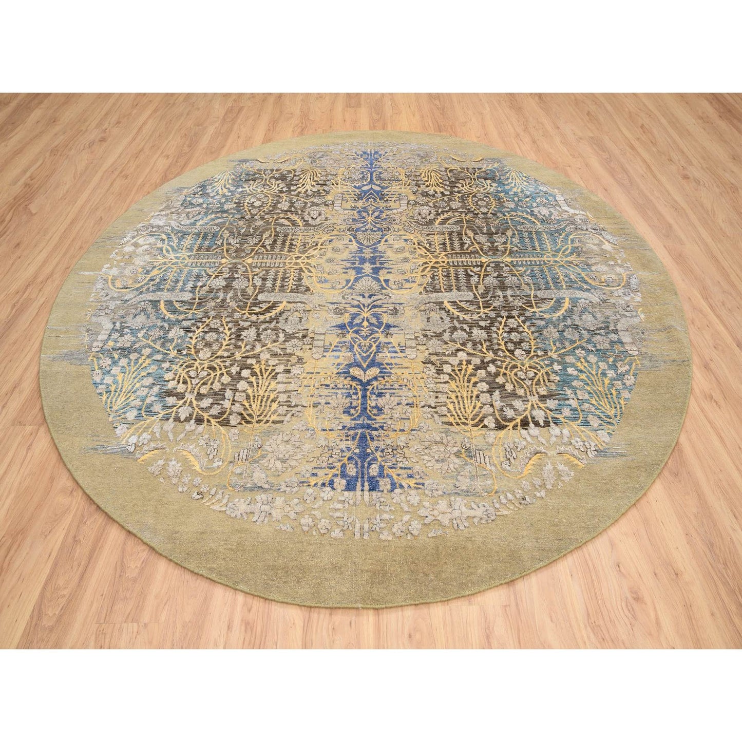 10'X10' Gold Brown Hand Knotted Transitional Sarouk Silk/Wool Round Rug