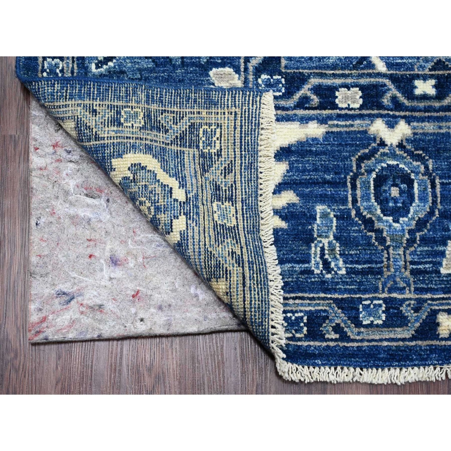 8'1"X9'8" Blue Hand Knotted Afghan Angora Oushak Vines Design Wool Rug