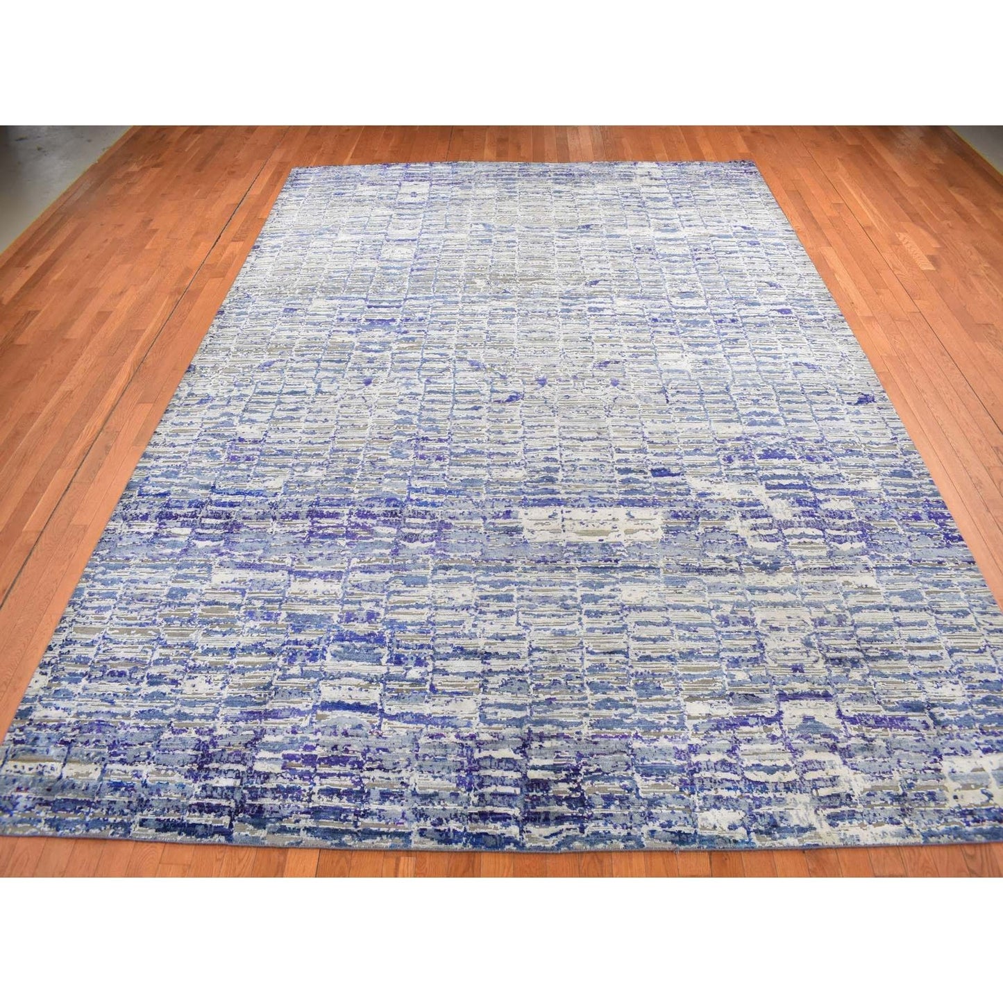 9'X12'2" Blue Diminishing Bricks Design Sari Silk Hand Knotted Rug