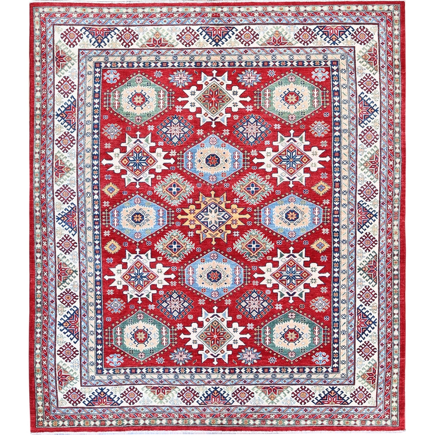 8'2"X9'8" Red Kazak With Geometric Medallions Design Wool Hand Knotted Rug