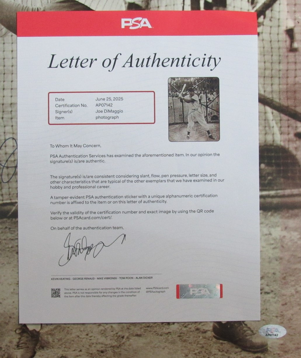 Joe Dimaggio Hof Signed/Autographed 16X20 Photo