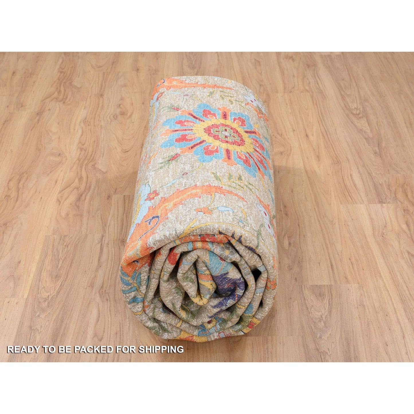9'1"X12'4" Silk With Wool Hand Knotted Tan Sickle Leaf Design Rug
