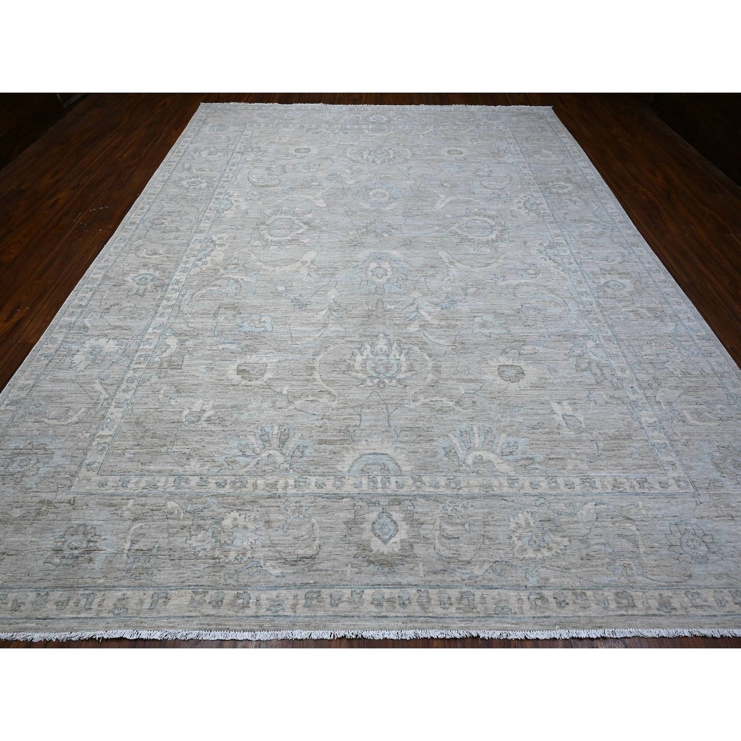 10'X13' Pewter Gray Hand Knotted White Wash Peshawar Wool Oriental Rug