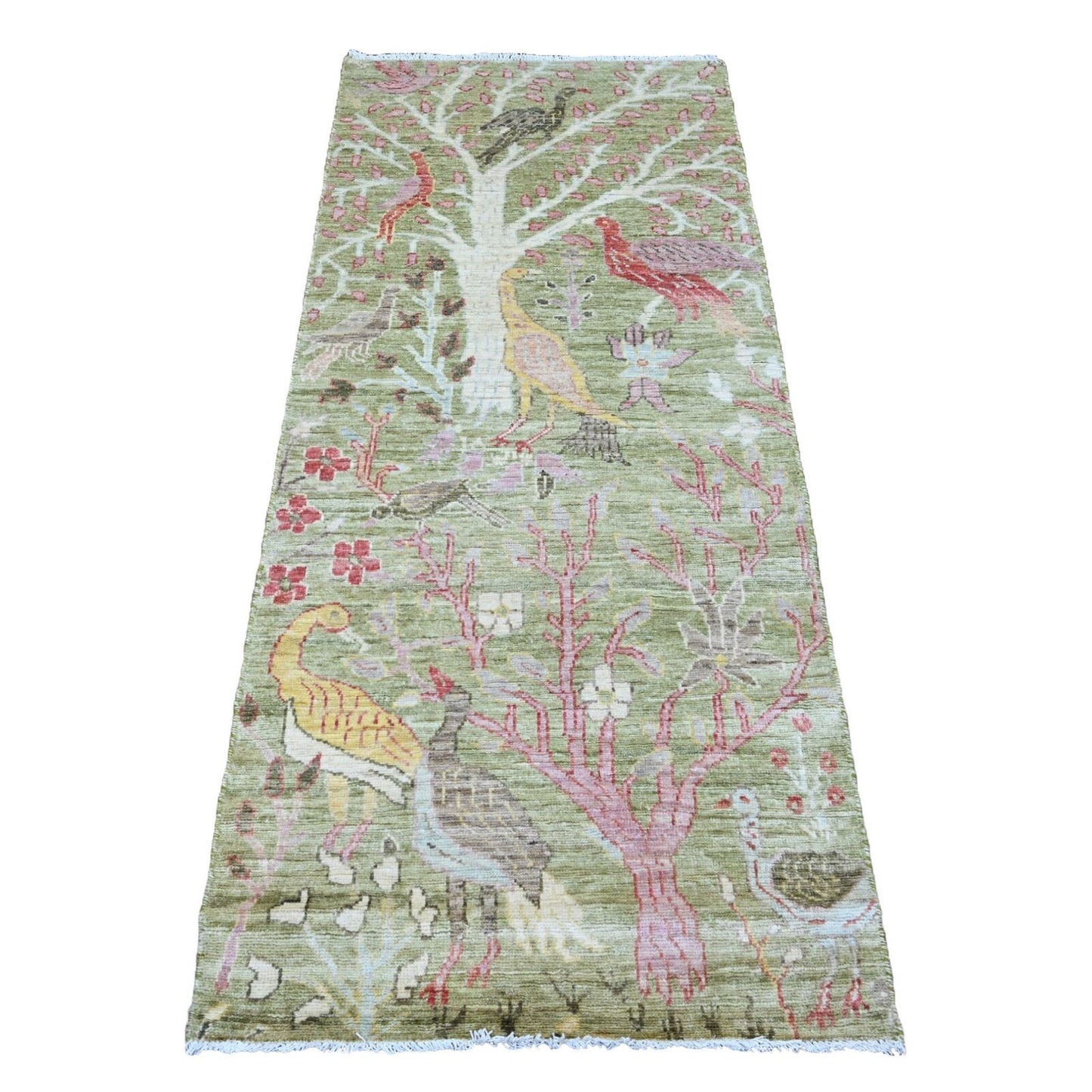 2'7"X6' Green Afghan Peshawar Birds Design Wool Hand Knotted Runner Rug