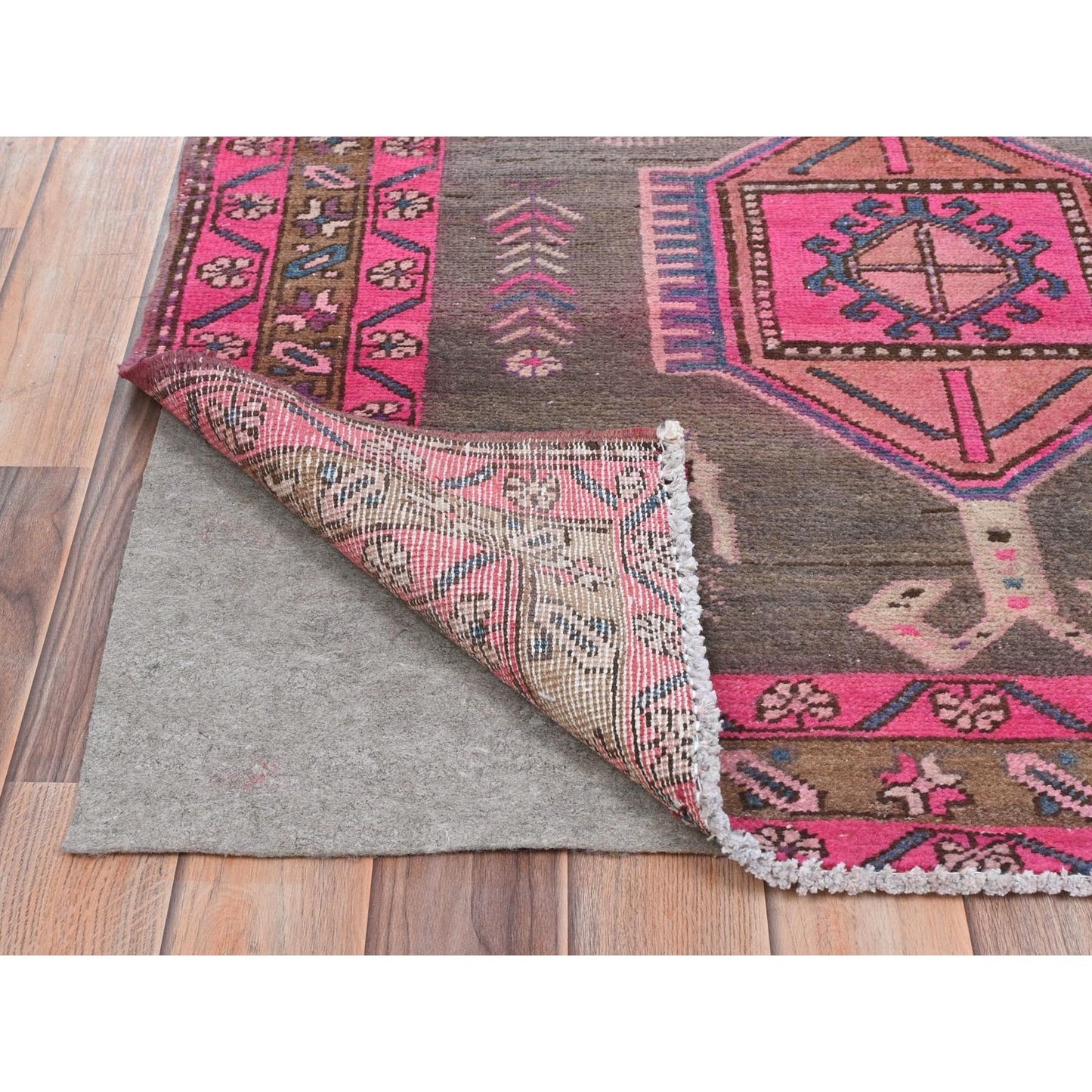 3'7"X10'1" Brown Vintage Farsian Heris Hand Knotted Pure Wool Runner Rug