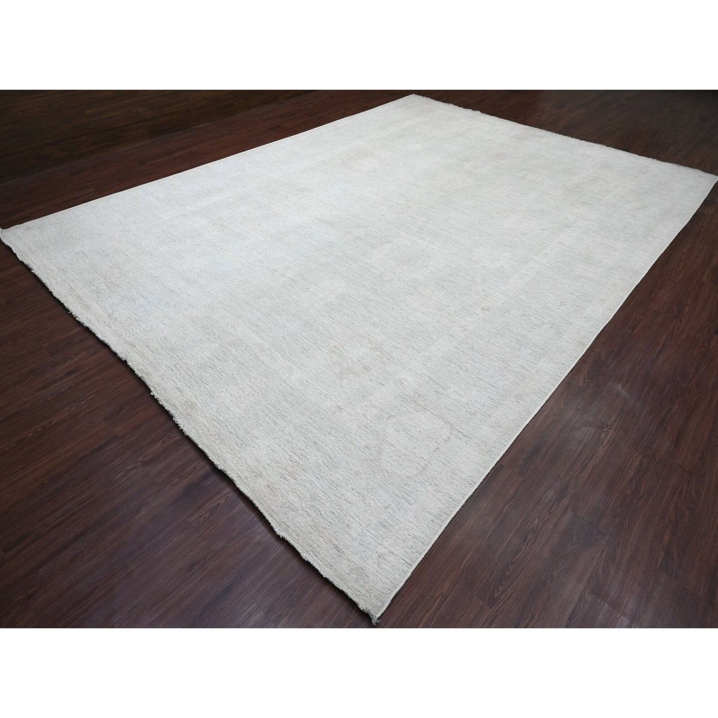 10'X13'8" Gray Afghan Angora Oushak Leaf Design Hand Knotted All Wool Rug