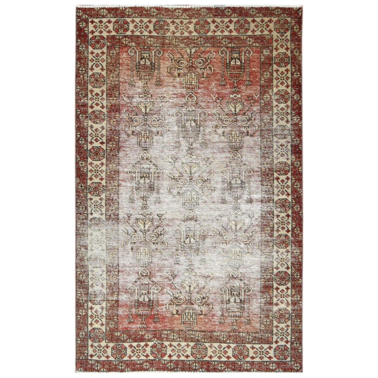 3'9"X6' Brown Worn Wool Hand Knotted Vintage Farsian Sheeraz Rug