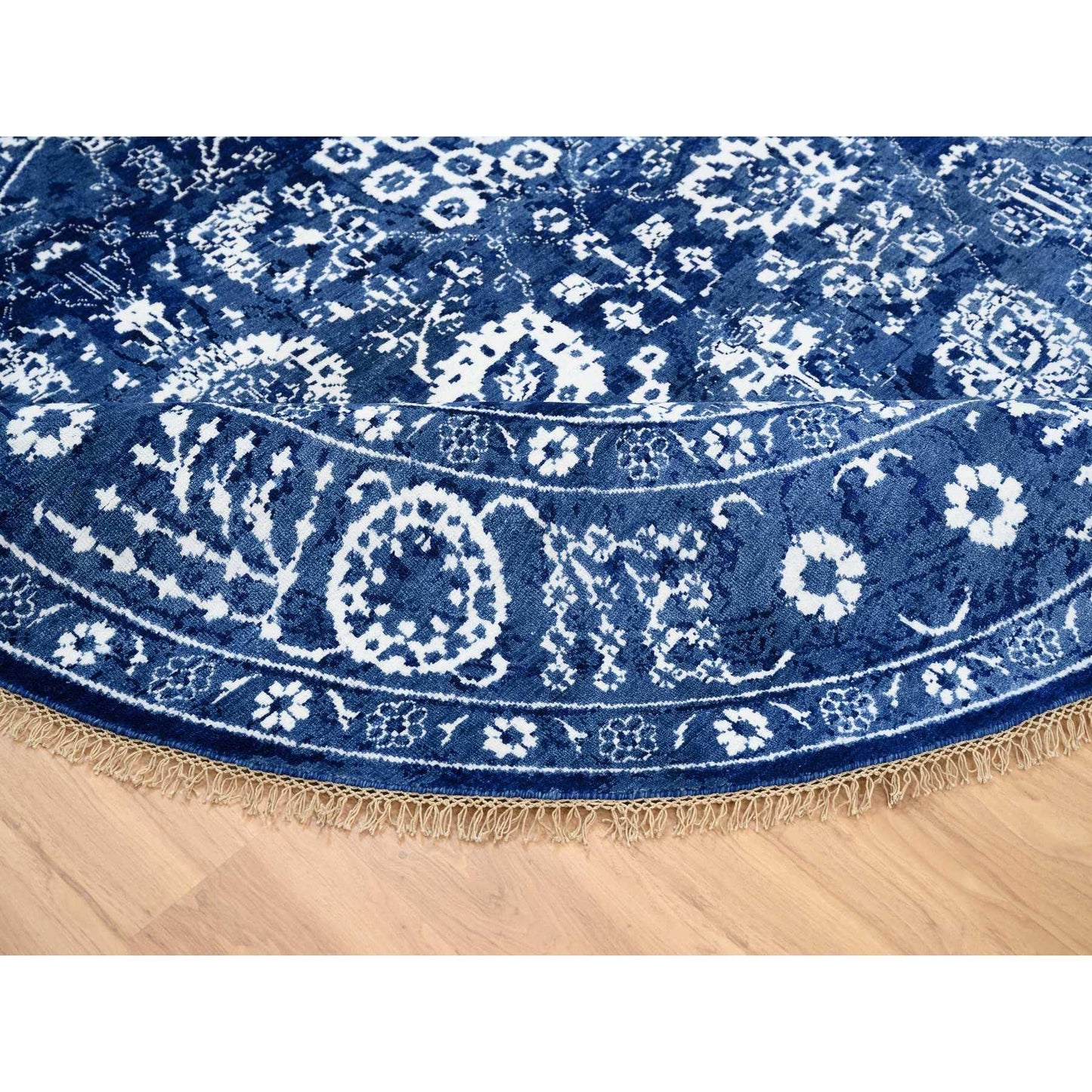 8'2"X8'2" Denim Blue Wool And Silk Hand Knotted Tebraz Round Rug
