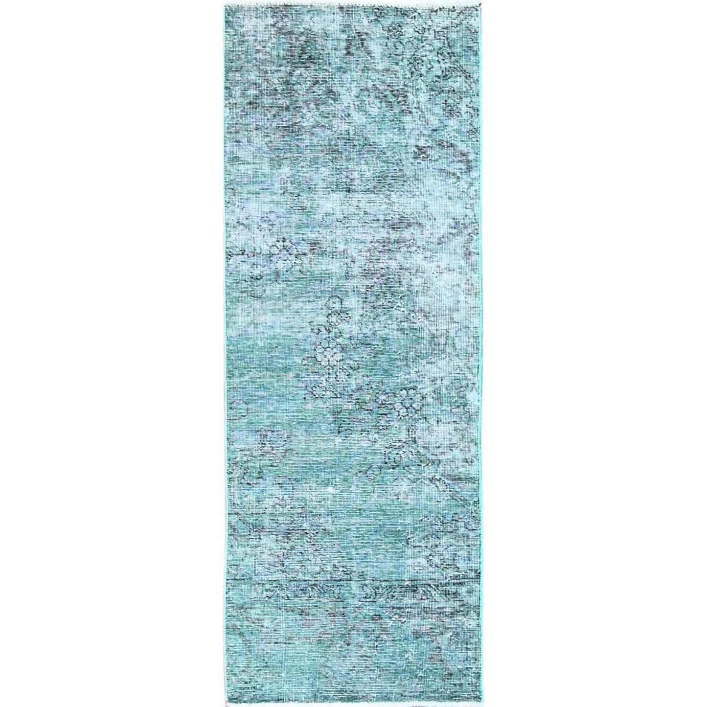 2'X5'8" Green Overdyed Vintage Zoroastrian Hand Knotted All Wool Runner Rug