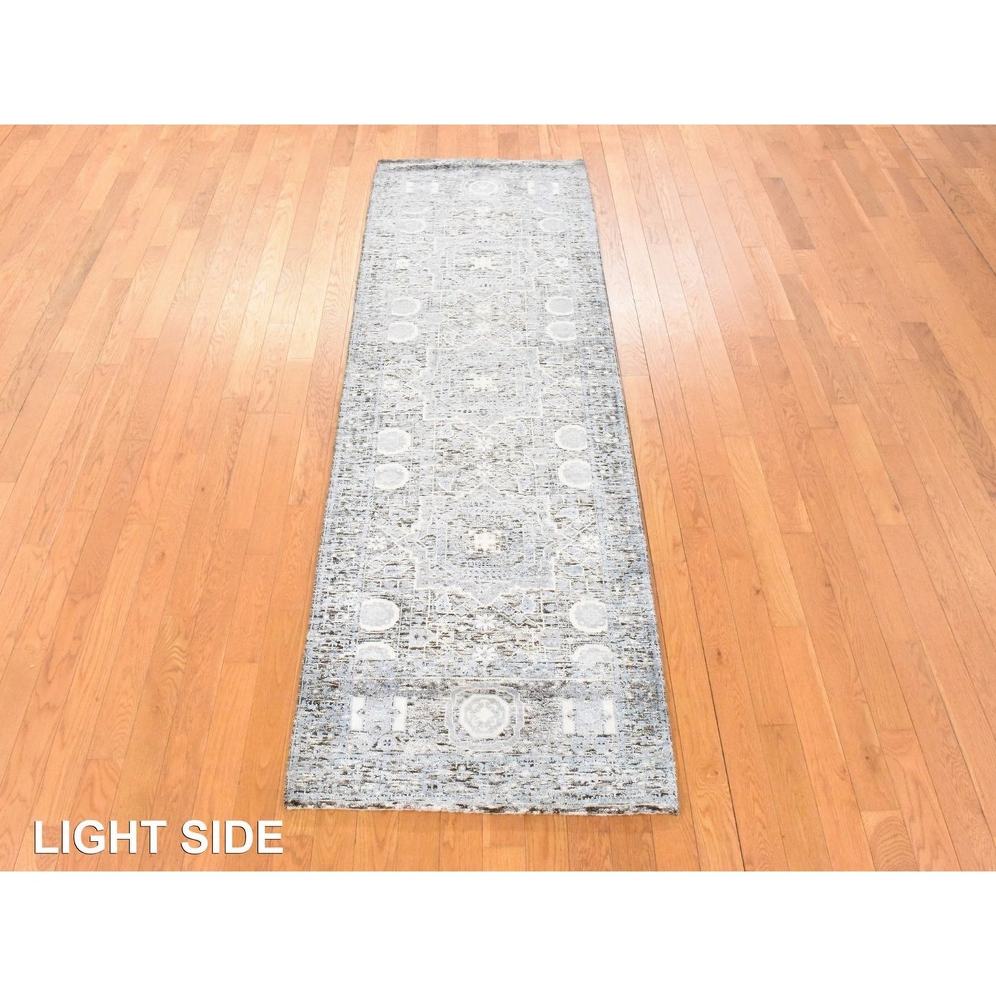 2'7"X8' Beau Blue Silken Mamluk Design Washed Out Hand Knotted Runner Rug
