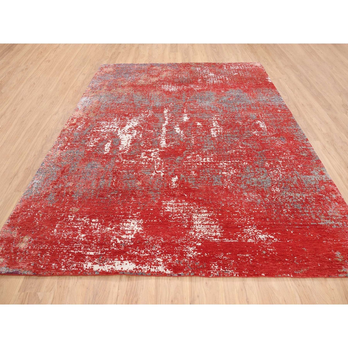 8'X10' Red Modern Design Wool And Silk Hand Knotted Rug