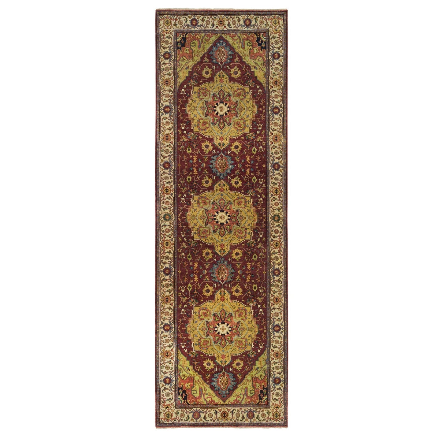 3'10"X12'1" Red Pure Wool Hand Knotted Heris Re-Creation Wide Runner Rug