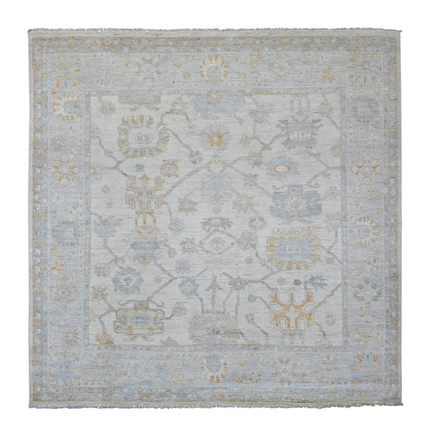8'X8' Pearl White Hand Knotted Afghan Angora Oushak Pure Wool Square Rug