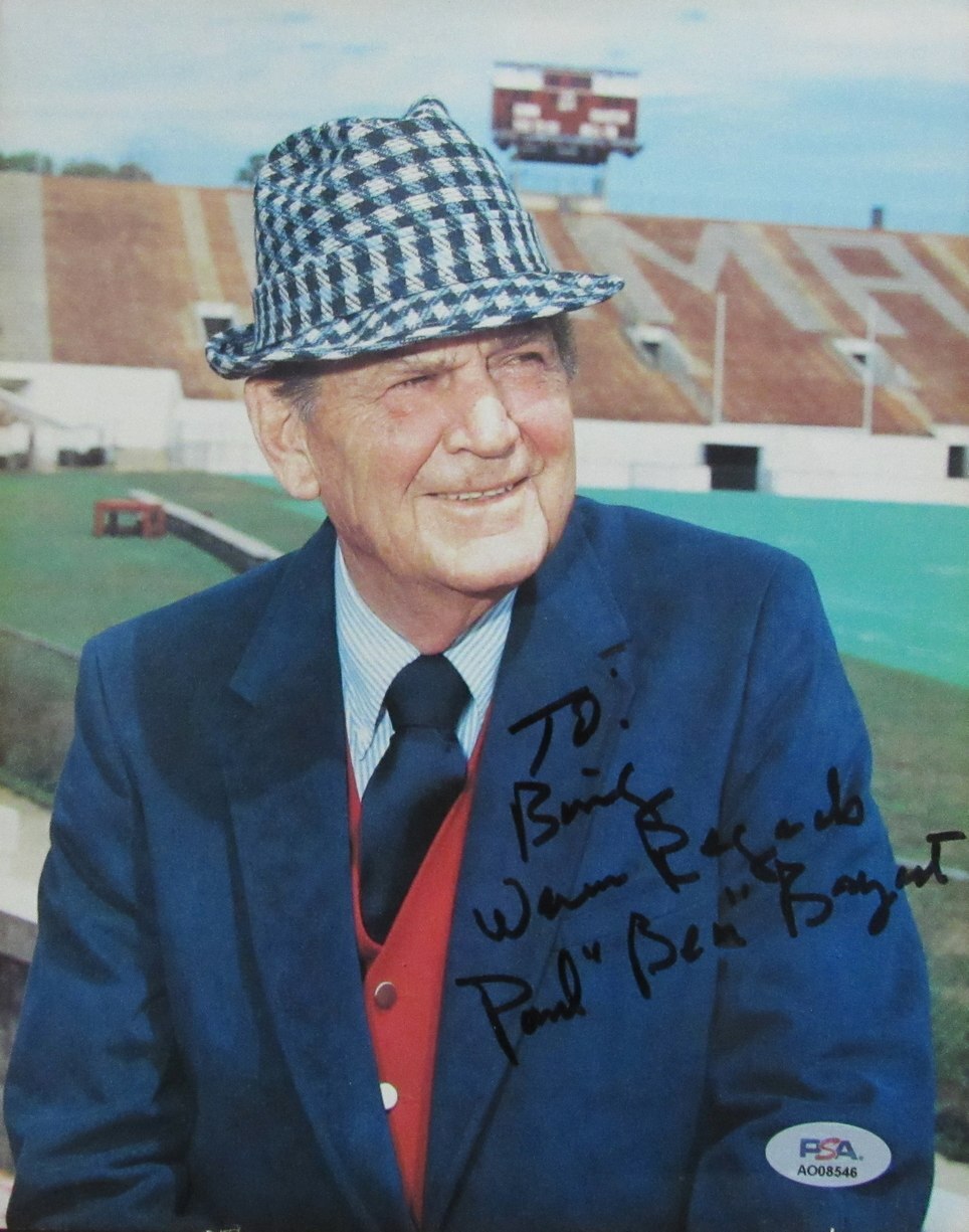 Paul "Bear" Bryant Signed/Inscribed 8X10 Photo