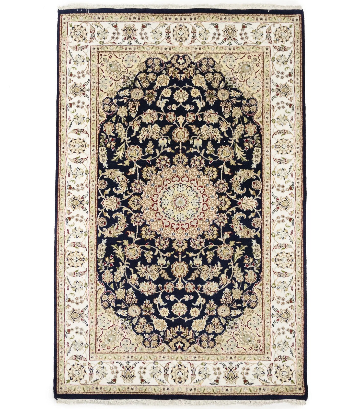 Indo-Nain Black Oriental Rug Floral Medallion