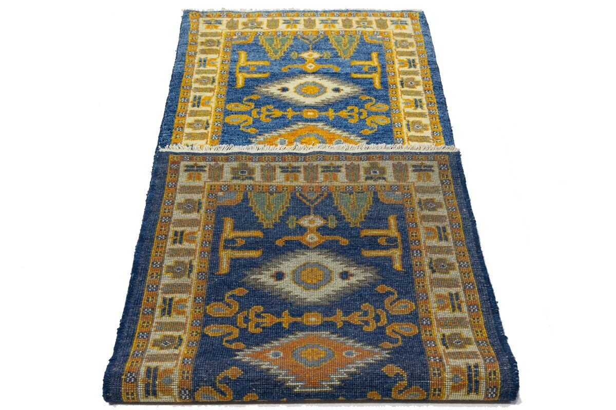 Vintage Style Blue Geometric Kazak Runner Rug