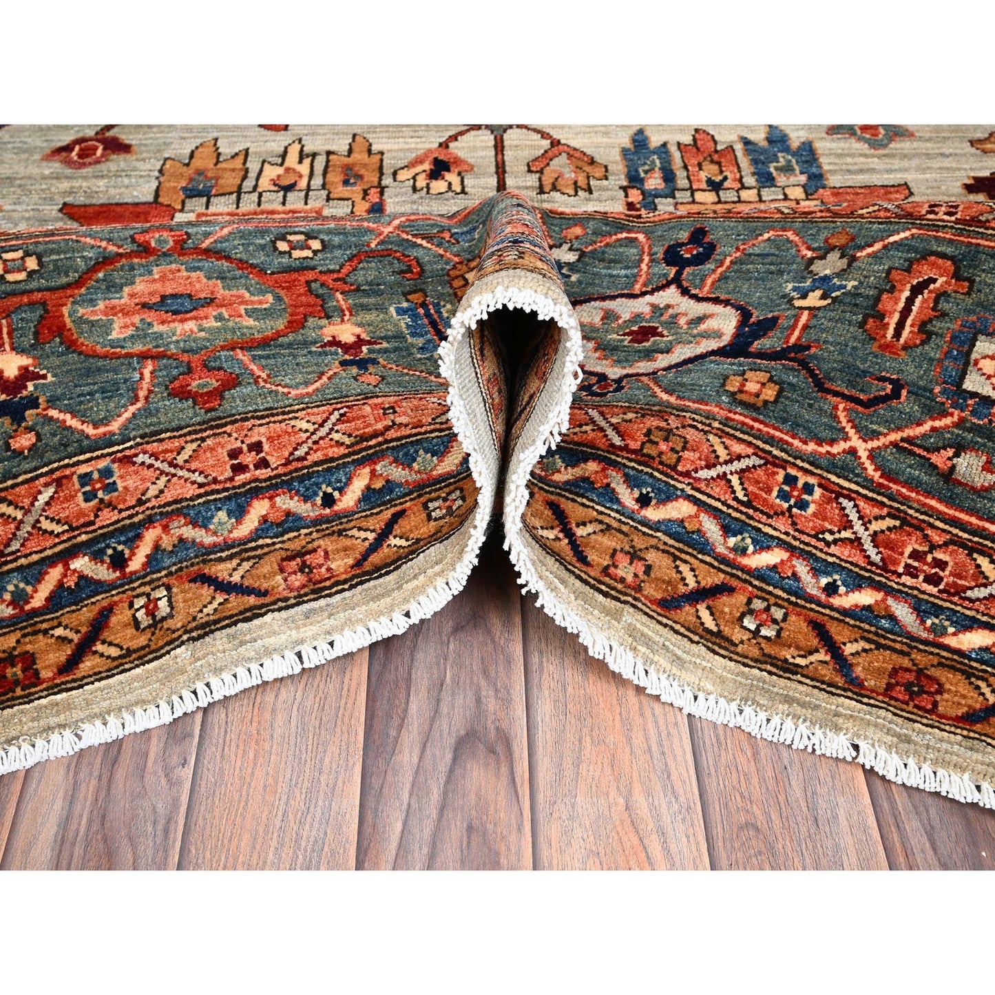 10'4"X14' Light Green Heris All Over Design Hand Knotted Soft Wool Rug