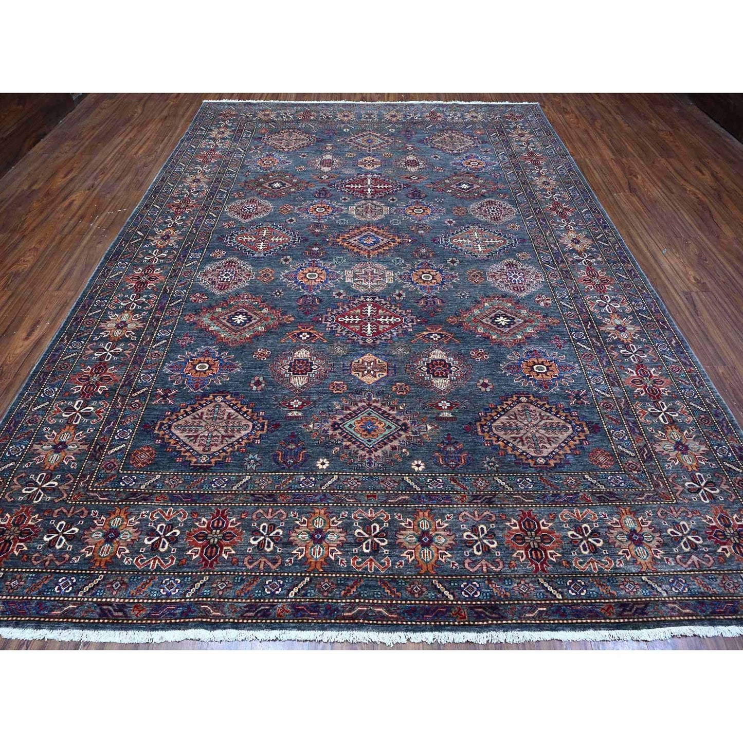 9'X12'1" Gray Wool Hand Knotted Super Kazak Tribal Pattern Oriental Rug