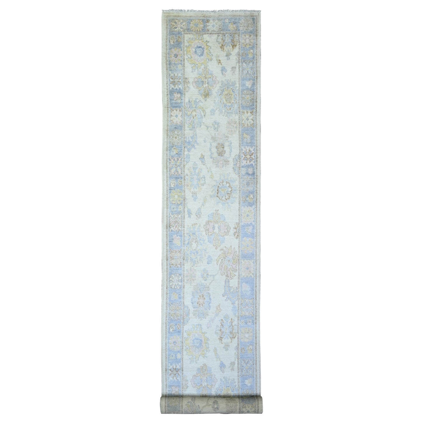 2'8"X17'3" Ivory Wool Hand Knotted Afghan Angora Oushak Xl Runner Rug