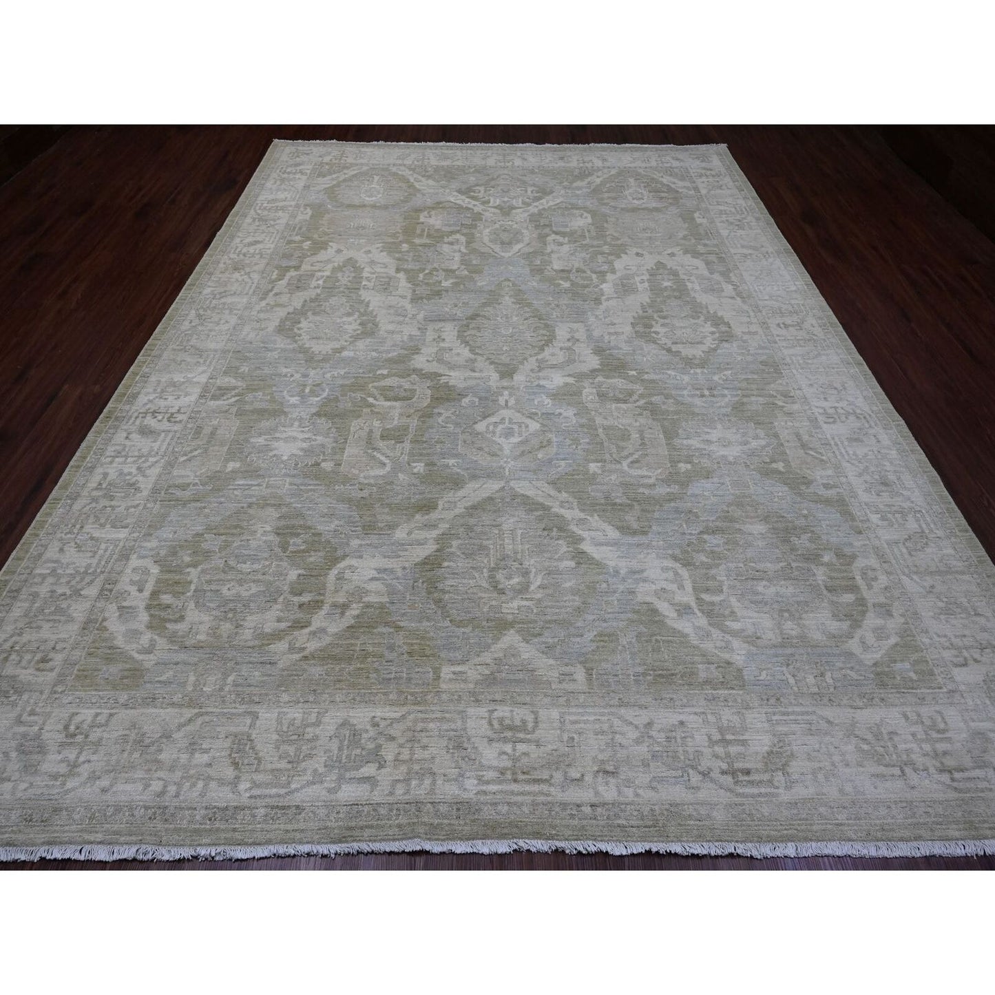 9'X11'9" Green Antiqued Peshawar Mahal Design Hand Knotted Pure Wool Rug