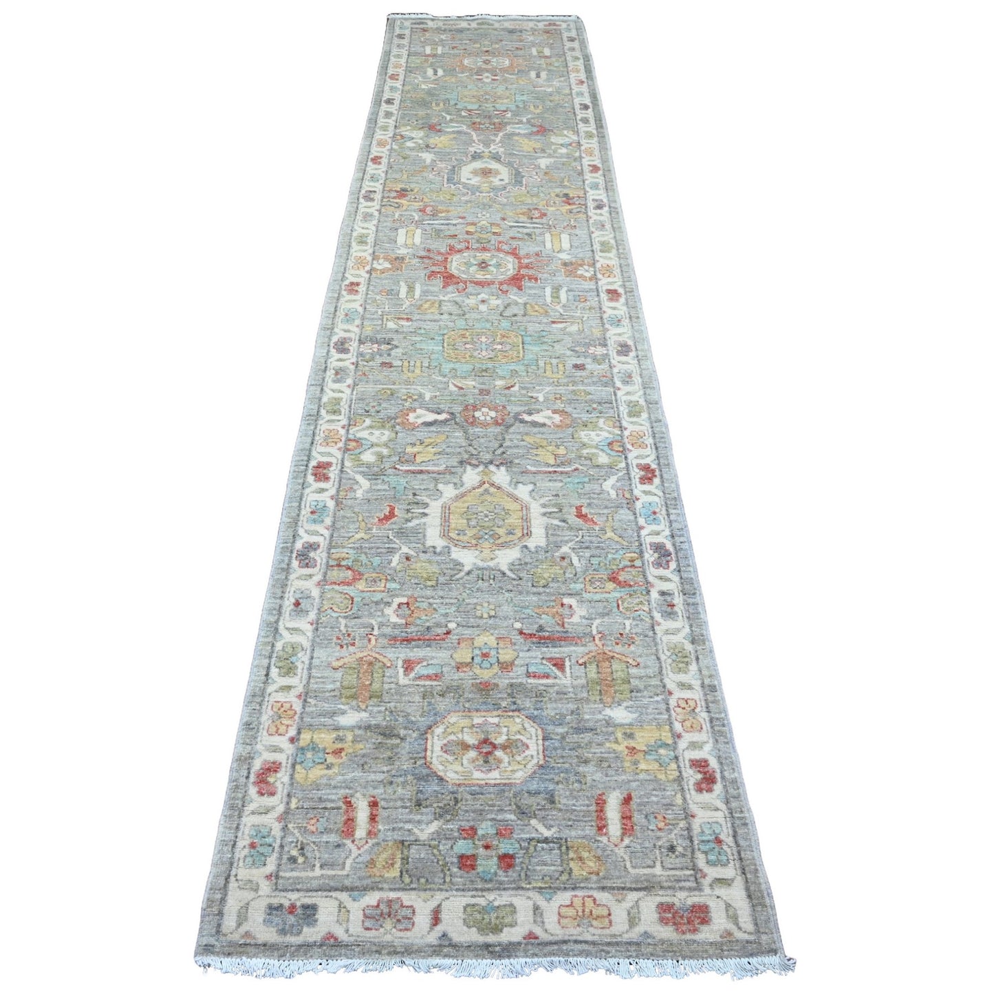 2'7"X12'3" Gray Peshawar With Heris Design Wool Hand Knotted Runner Rug