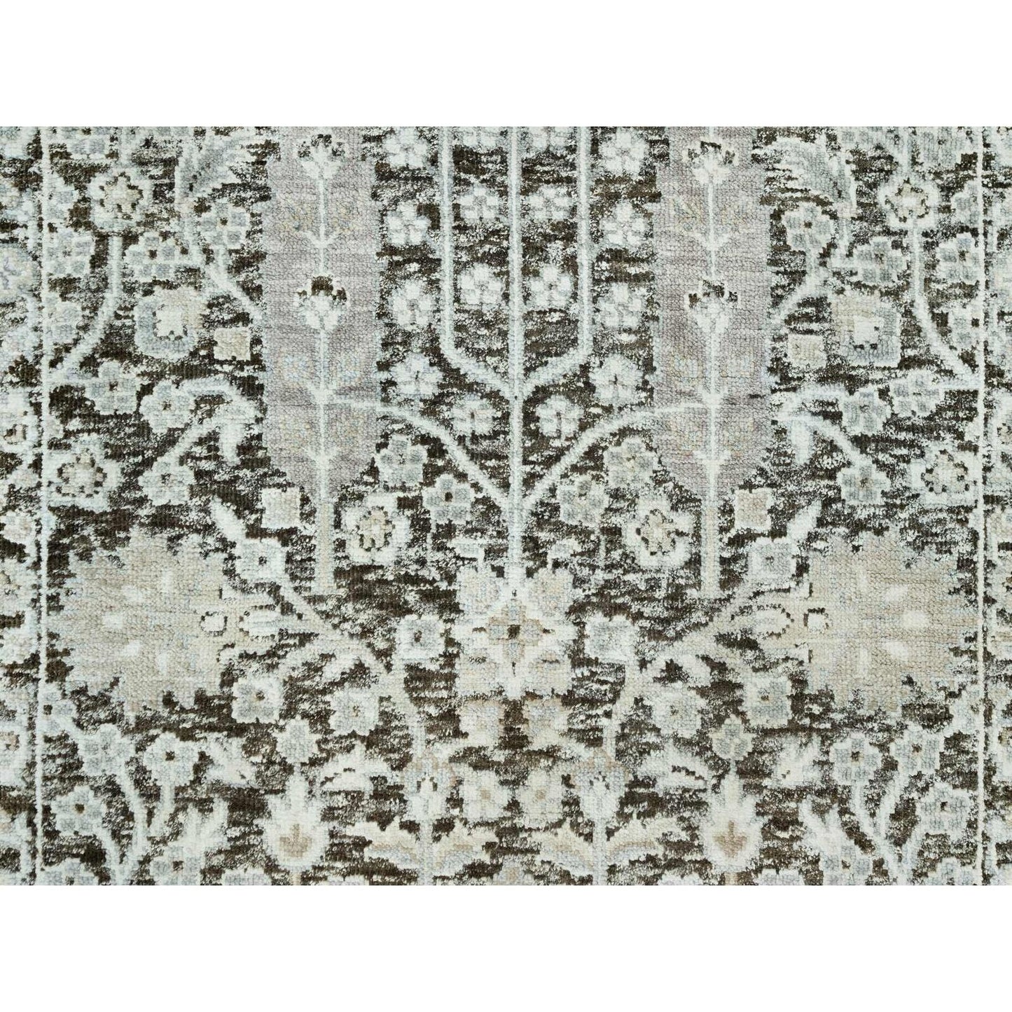 2'6"X10' Gray Hand Knotted Silk And Wool Willow And Cypress Tree Rug