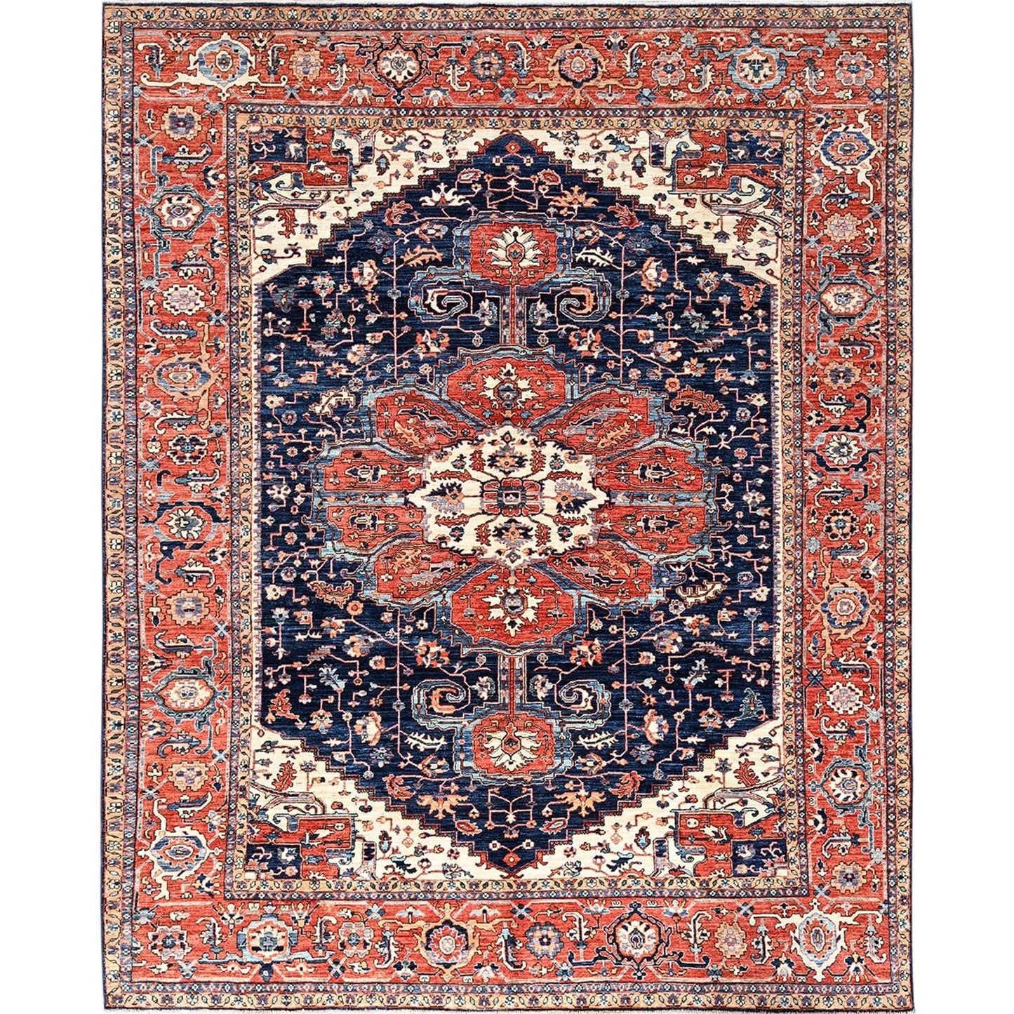9'2"X12'8" Midnight Blue Seeripe Heris Hand Knotted High Mountain Wool Rug