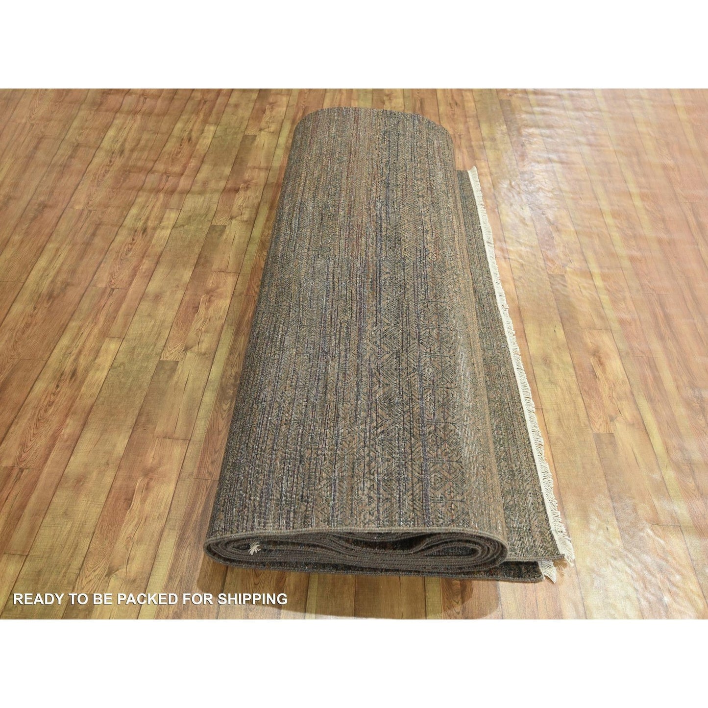 10'X14' Cinnamon Brown Modern Grass Design Hand Knotted Wool And Silk Rug