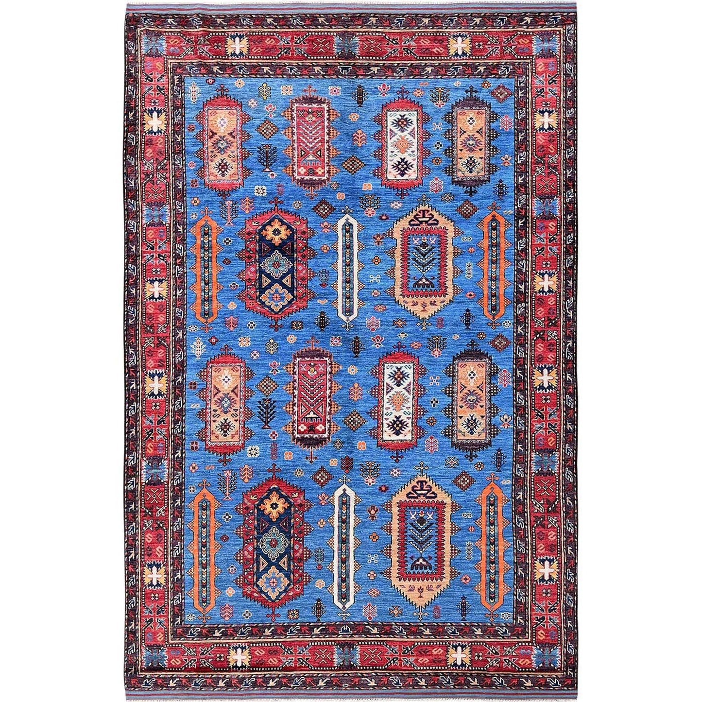 6'3"X9'1" Blue Afghan Caucasian Design Revival Hand Knotted Soft Wool Rug