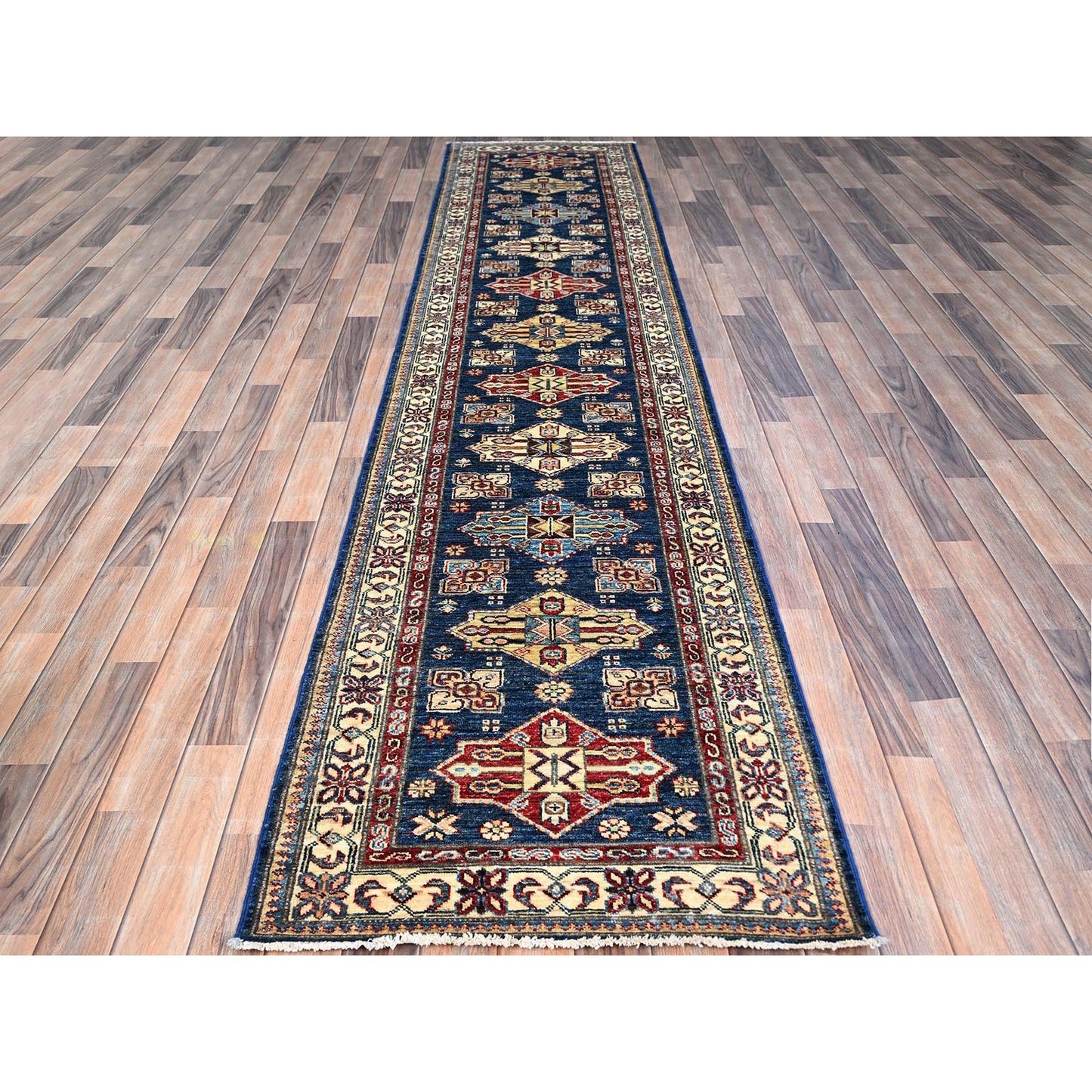 2'8"X11'9" Blue Wool Afghan Super Kazak Natural Dyes Oriental Runner Rug